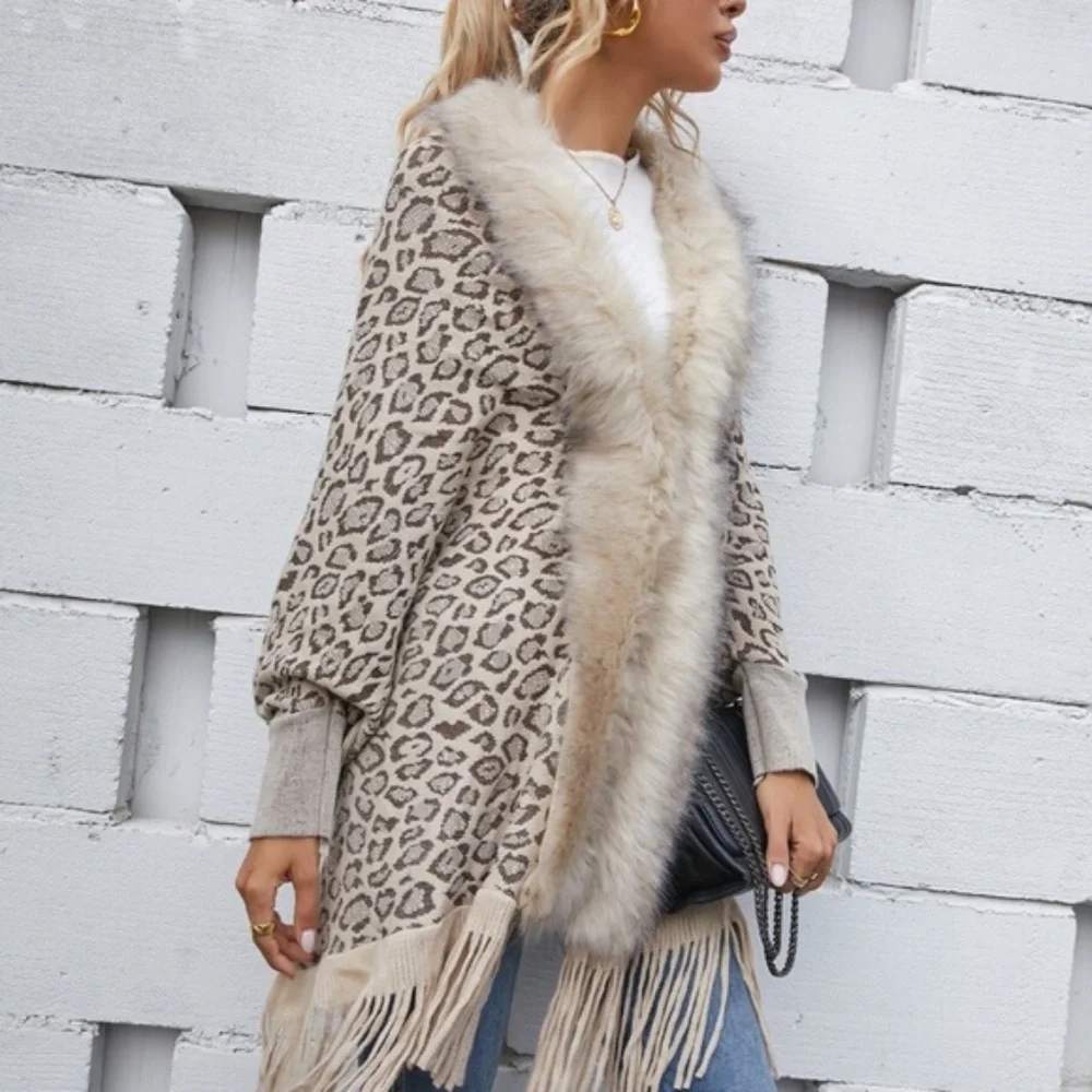 Cozy vegan fur leopard print tassel poncho cardigan